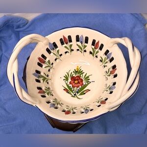 Floral VTG RCCL reticulated Ceramic Basket with Handles made in Portugal